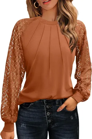 HOTOUCH Womens Lace Short/Long Sleeve Tops Dressy Casual Blouses Pleated Work Dressy Shirts Holiday Outfits S-3XL