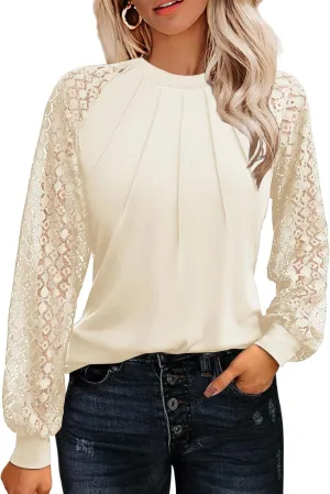 HOTOUCH Womens Lace Short/Long Sleeve Tops Dressy Casual Blouses Pleated Work Dressy Shirts Holiday Outfits S-3XL