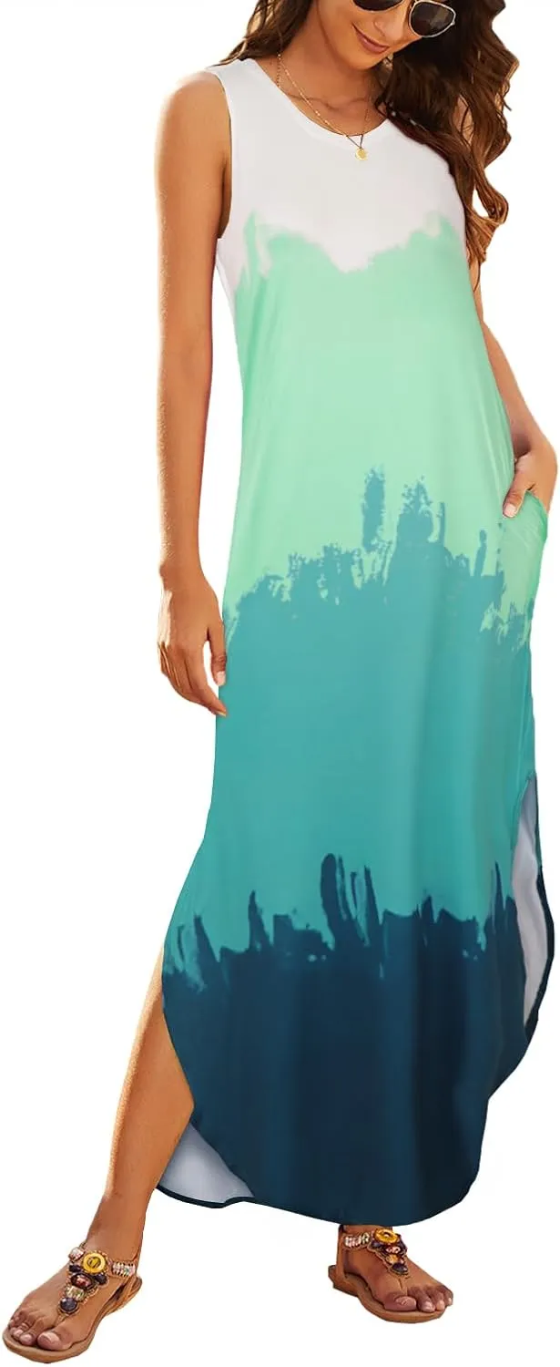 Hount Women's Casual Summer Sleeveless Dress Loose Split Maxi Dresses with Pockets