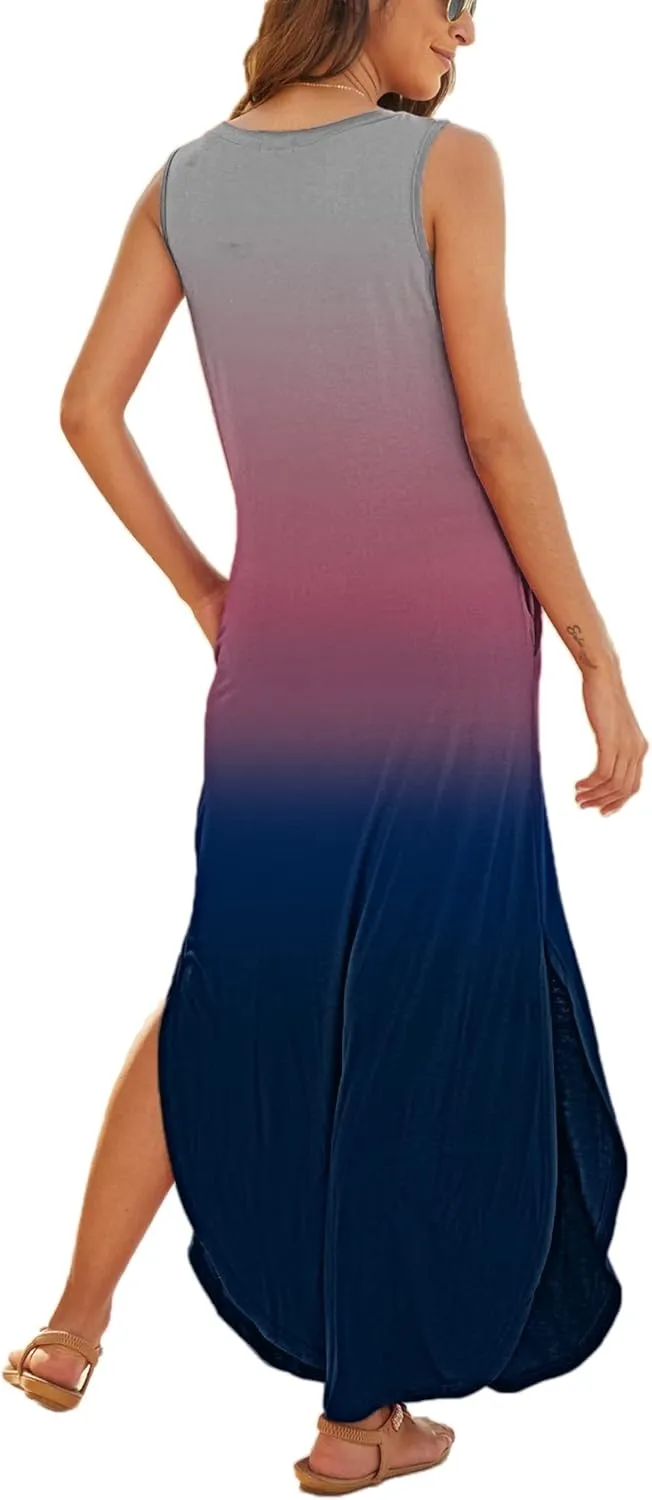 Hount Women's Casual Summer Sleeveless Dress Loose Split Maxi Dresses with Pockets