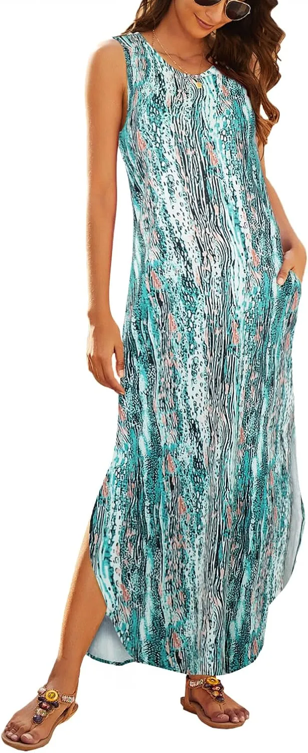 Hount Women's Casual Summer Sleeveless Dress Loose Split Maxi Dresses with Pockets