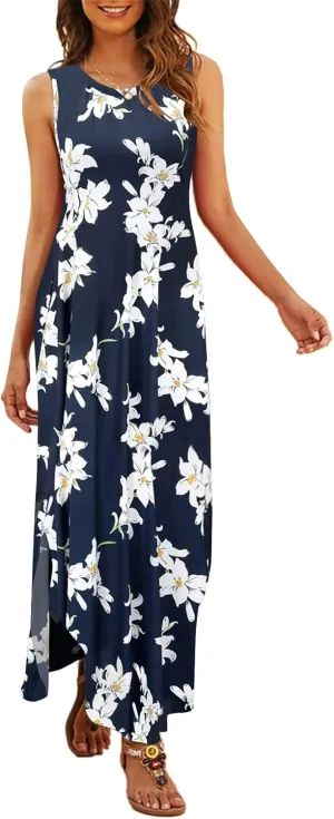 Hount Women's Casual Summer Sleeveless Dress Loose Split Maxi Dresses with Pockets