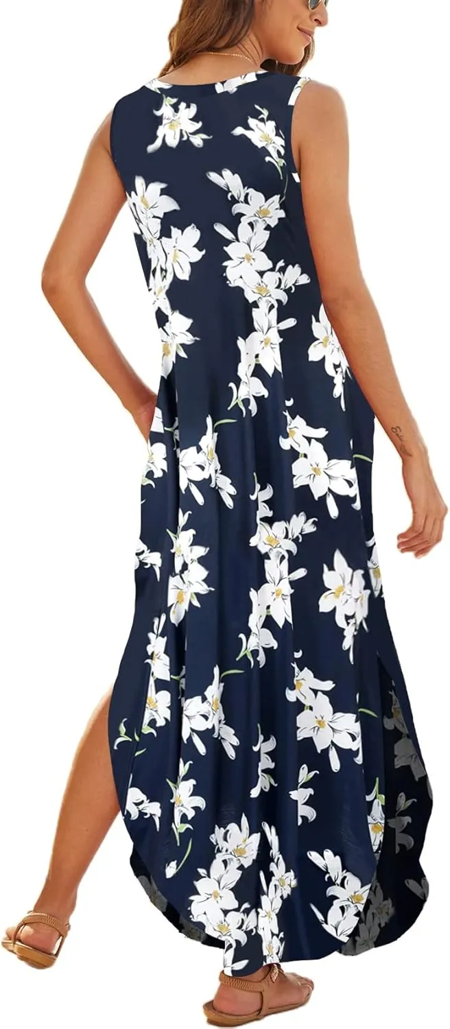 Hount Women's Casual Summer Sleeveless Dress Loose Split Maxi Dresses with Pockets