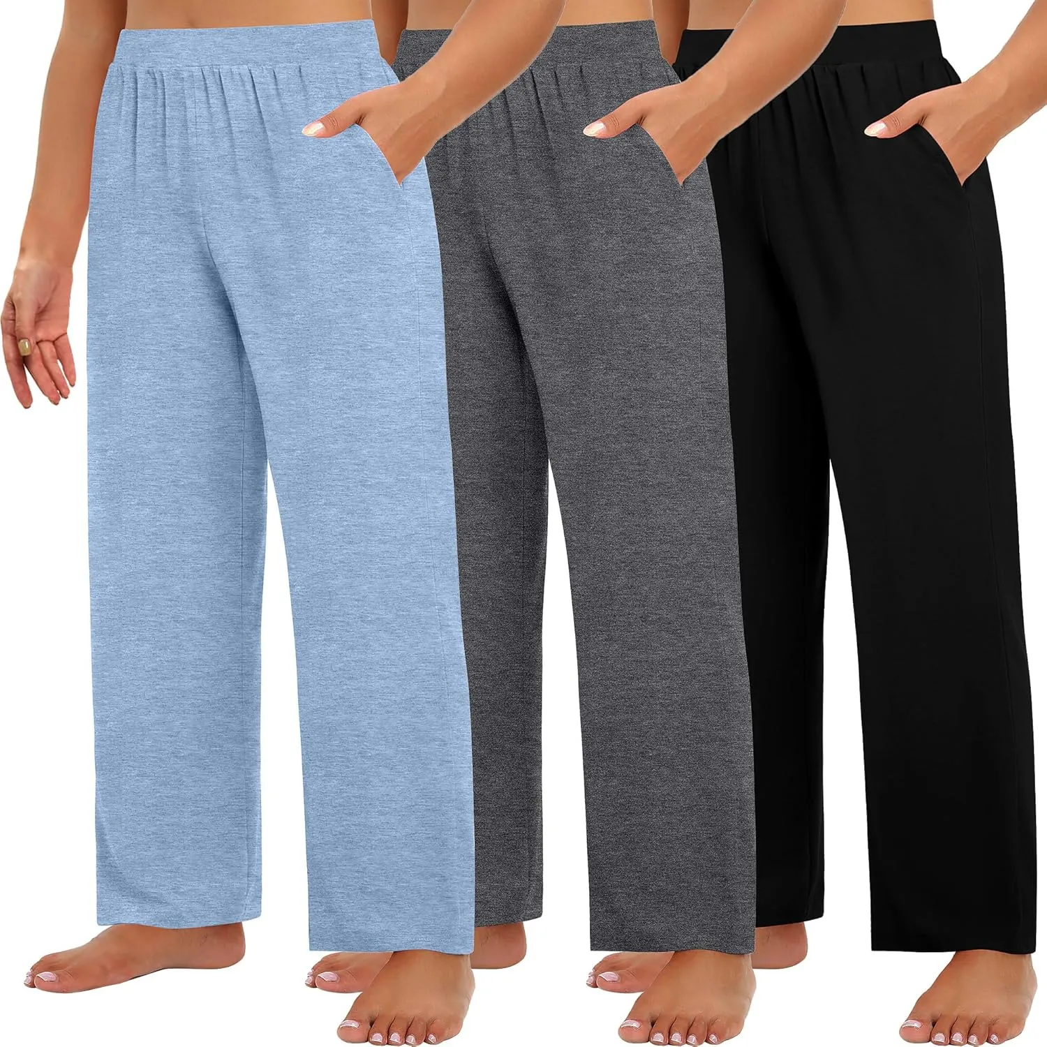 Huukeay 3 Pack Women's Plus Size Pants, High Waisted Wide Leg Pants Casual Pajamas Pants Loose Yoga Sweatpants with Pockets