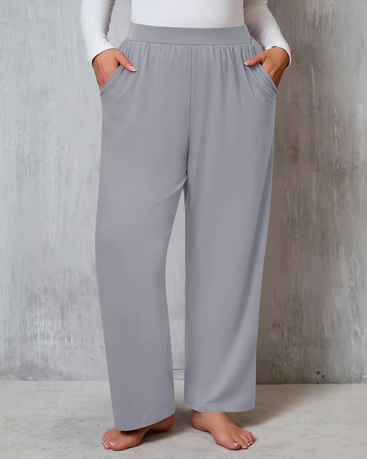 Huukeay 3 Pack Women's Plus Size Pants, High Waisted Wide Leg Pants Casual Pajamas Pants Loose Yoga Sweatpants with Pockets