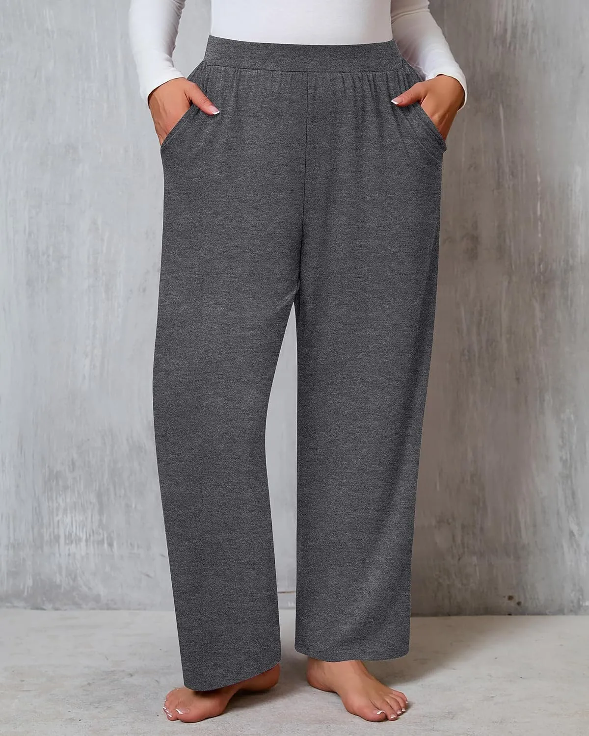 Huukeay 3 Pack Women's Plus Size Pants, High Waisted Wide Leg Pants Casual Pajamas Pants Loose Yoga Sweatpants with Pockets