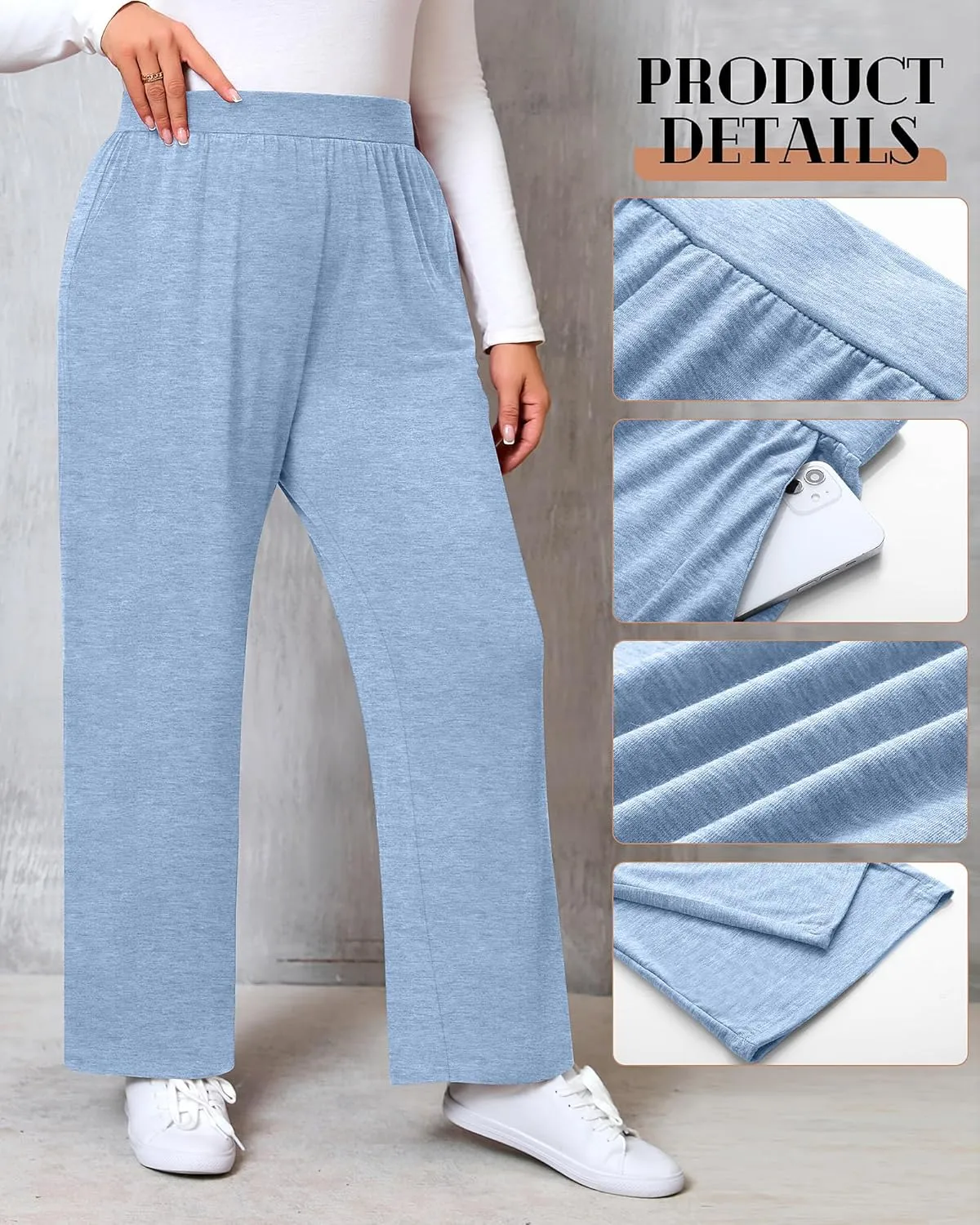 Huukeay 3 Pack Women's Plus Size Pants, High Waisted Wide Leg Pants Casual Pajamas Pants Loose Yoga Sweatpants with Pockets