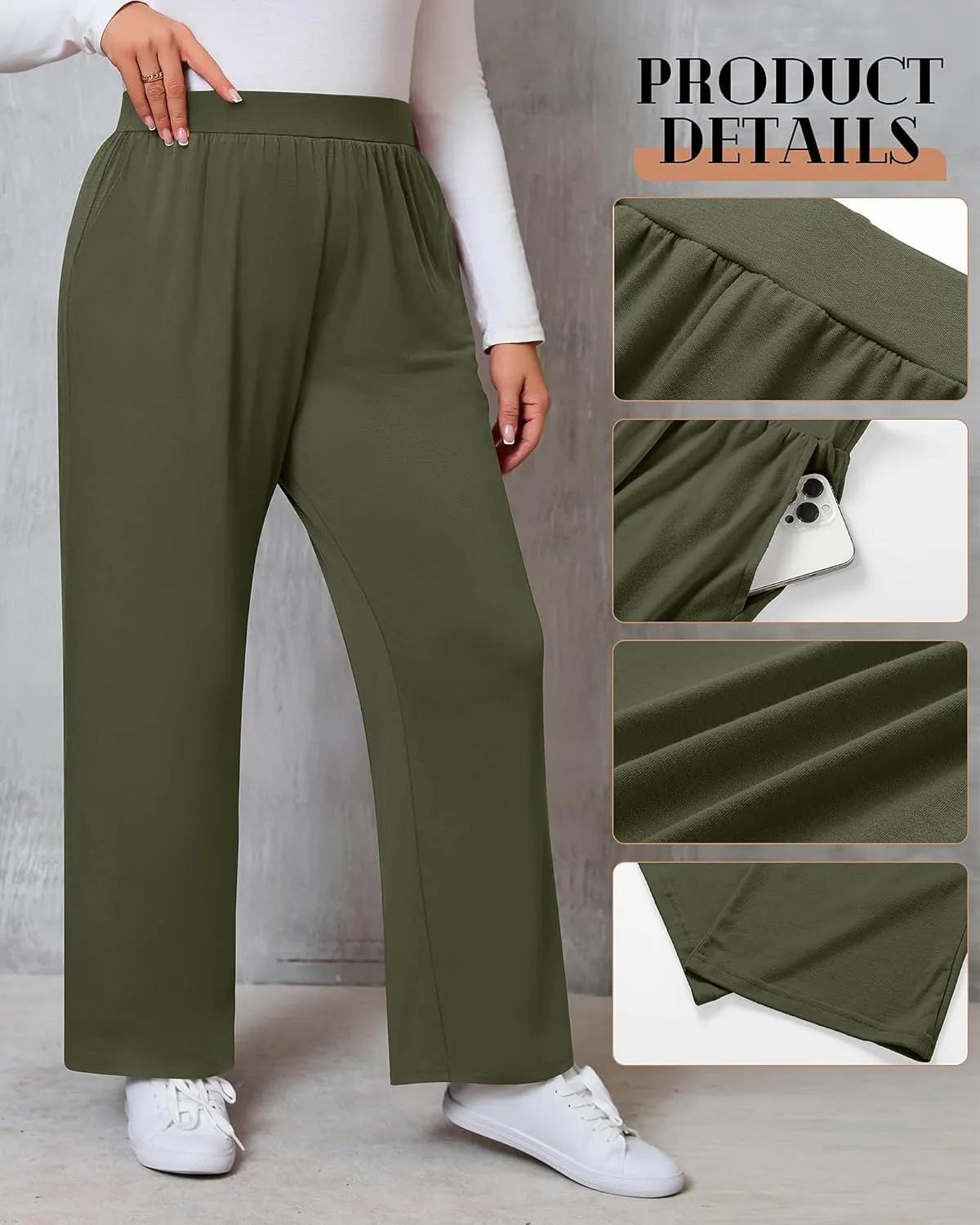 Huukeay 3 Pack Women's Plus Size Pants, High Waisted Wide Leg Pants Casual Pajamas Pants Loose Yoga Sweatpants with Pockets