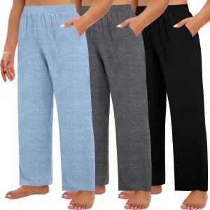 Huukeay 3 Pack Women's Plus Size Pants, High Waisted Wide Leg Pants Casual Pajamas Pants Loose Yoga Sweatpants with Pockets