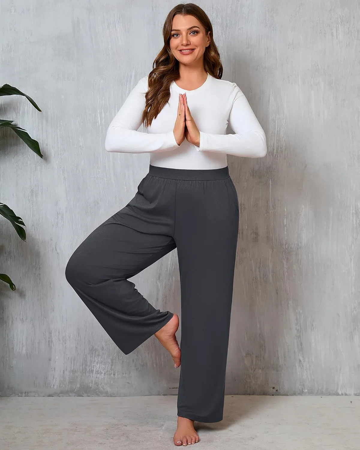 Huukeay 3 Pack Women's Plus Size Pants, High Waisted Wide Leg Pants Casual Pajamas Pants Loose Yoga Sweatpants with Pockets