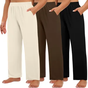 Huukeay 3 Pack Women's Plus Size Pants, High Waisted Wide Leg Pants Casual Pajamas Pants Loose Yoga Sweatpants with Pockets