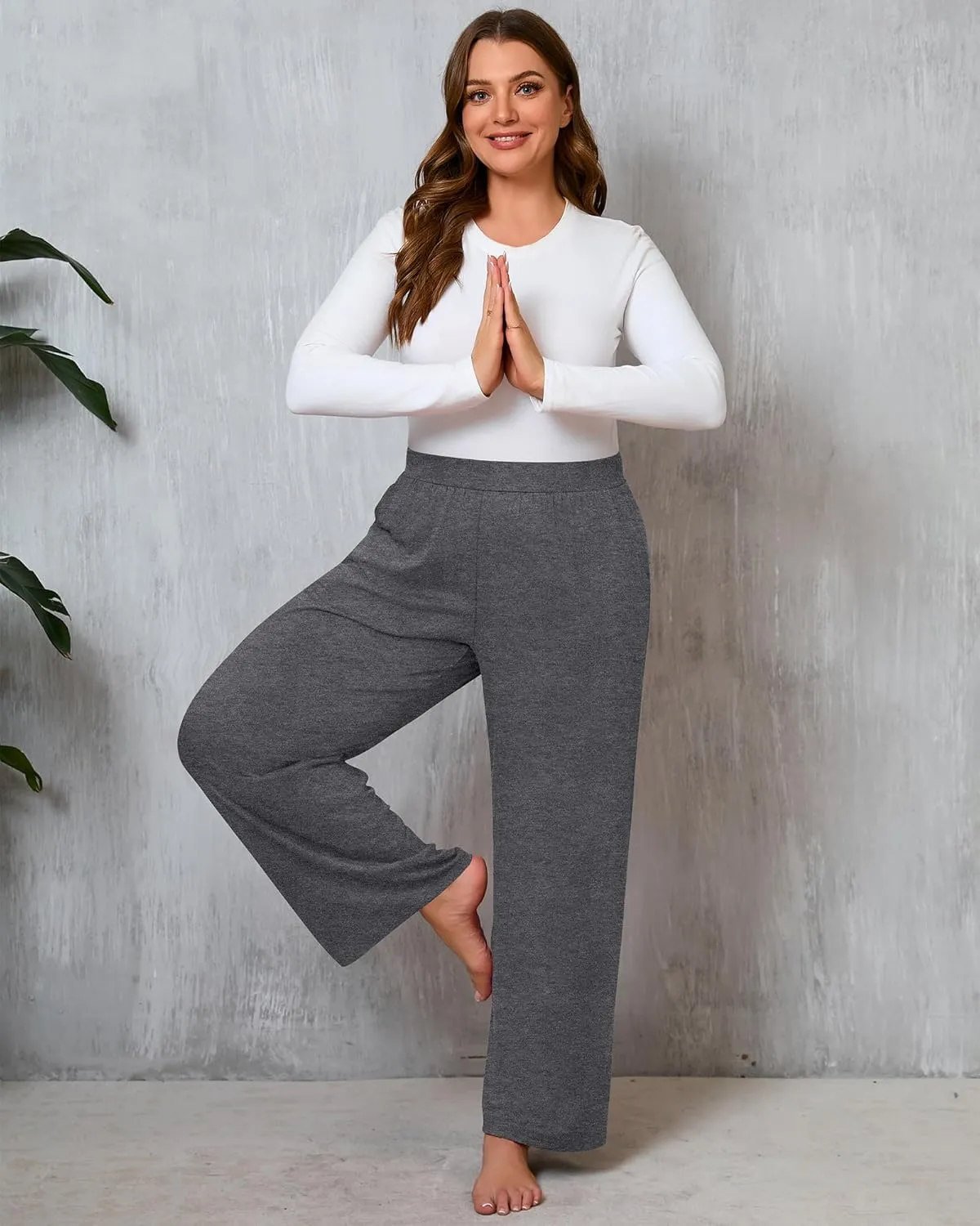 Huukeay 3 Pack Women's Plus Size Pants, High Waisted Wide Leg Pants Casual Pajamas Pants Loose Yoga Sweatpants with Pockets