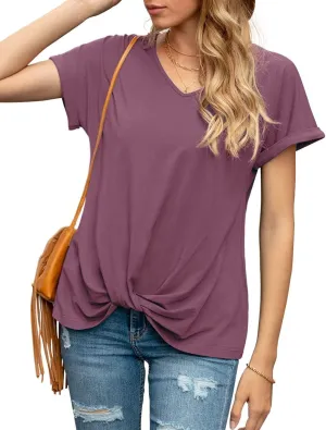 Iandroiy Women's Comfy Casual Summer Tops Short Sleeve V Neck Blouses T Shirts Twist Knot Tees