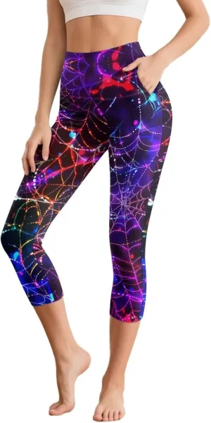 Irisjudy Women's Active Capri Leggings Terror Skull Yoga Pants with Pockets Gothic Rose Bat Stretchy Summer Workout Capris