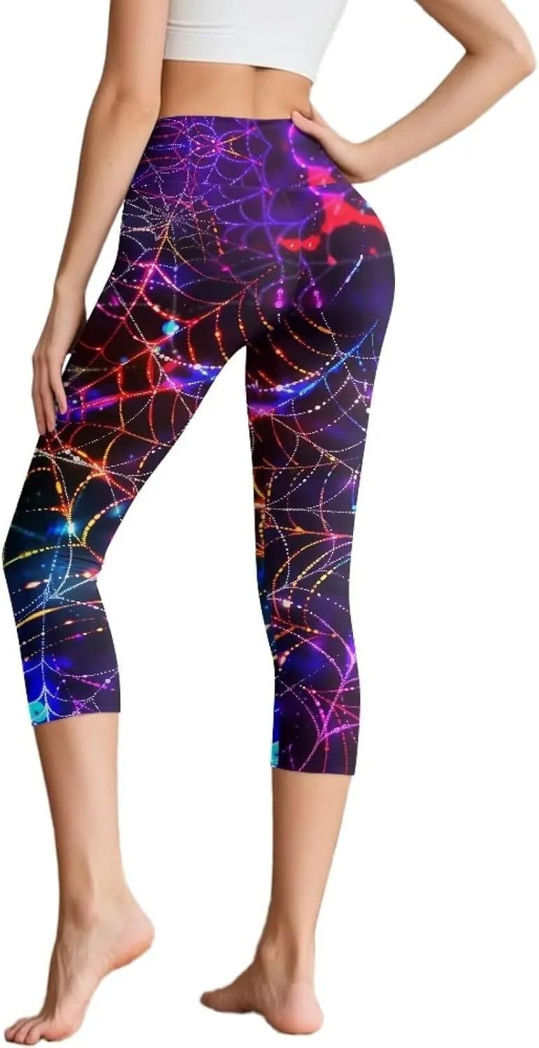 Irisjudy Women's Active Capri Leggings Terror Skull Yoga Pants with Pockets Gothic Rose Bat Stretchy Summer Workout Capris