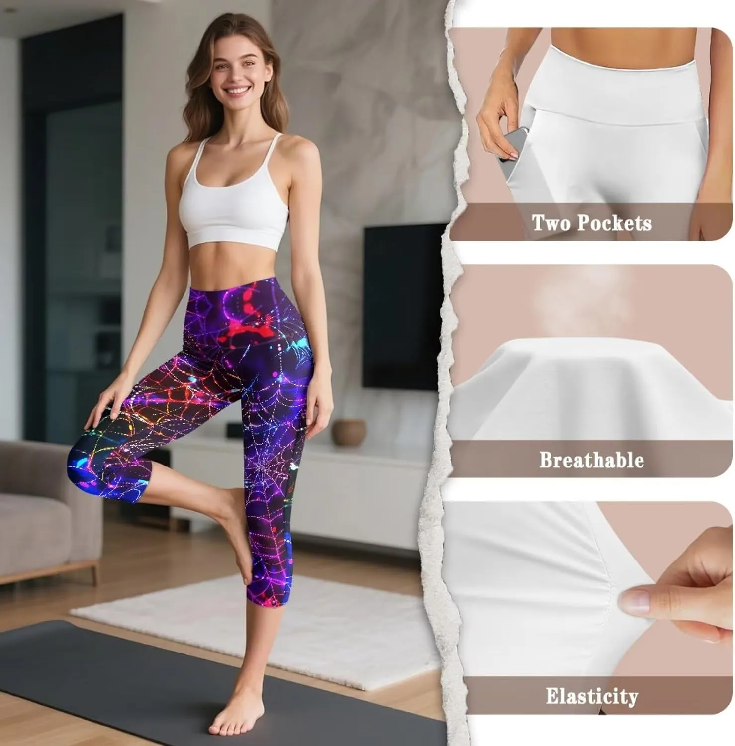 Irisjudy Women's Active Capri Leggings Terror Skull Yoga Pants with Pockets Gothic Rose Bat Stretchy Summer Workout Capris
