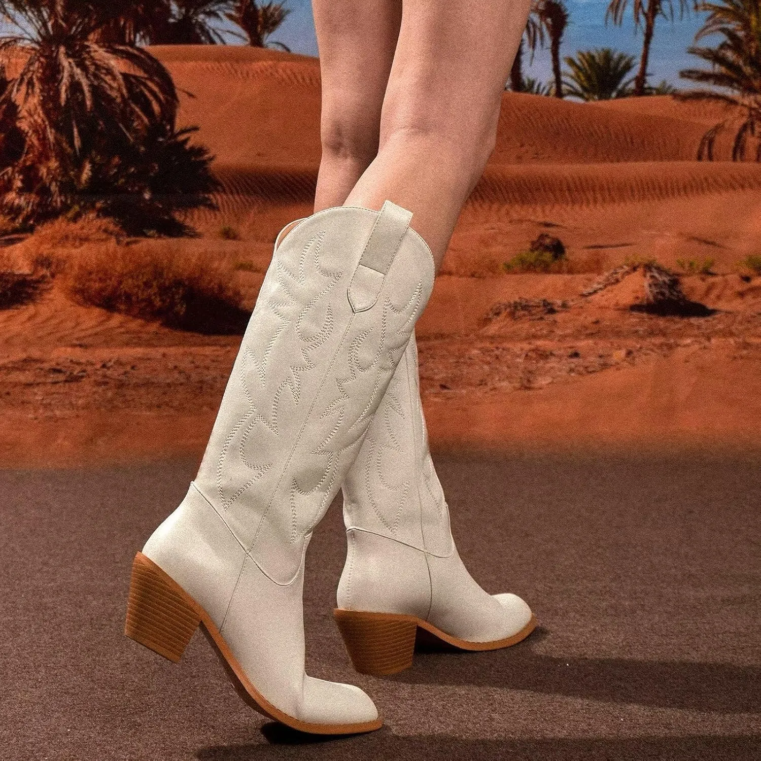 ISNOM Cowboy Boots for Women Cowgirl Boots with Classic Embroidered Pointed Toe Chunky Heel Retro Western Mid Calf Boots Pull On