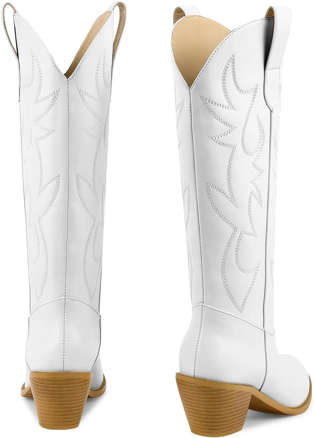 ISNOM Cowboy Boots for Women Cowgirl Boots with Classic Embroidered Pointed Toe Chunky Heel Retro Western Mid Calf Boots Pull On
