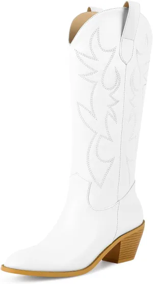 ISNOM Cowboy Boots for Women Cowgirl Boots with Classic Embroidered Pointed Toe Chunky Heel Retro Western Mid Calf Boots Pull On