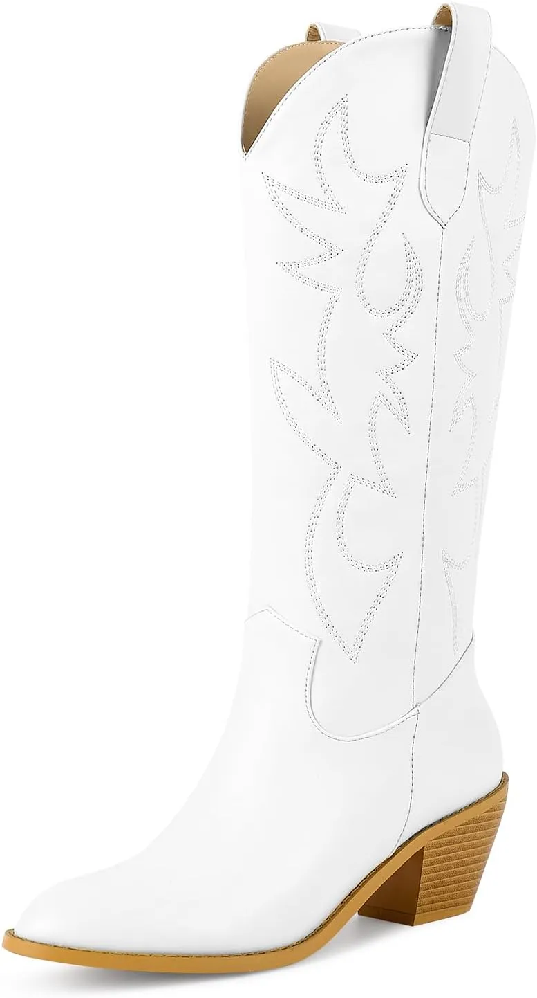 ISNOM Cowboy Boots for Women Cowgirl Boots with Classic Embroidered Pointed Toe Chunky Heel Retro Western Mid Calf Boots Pull On