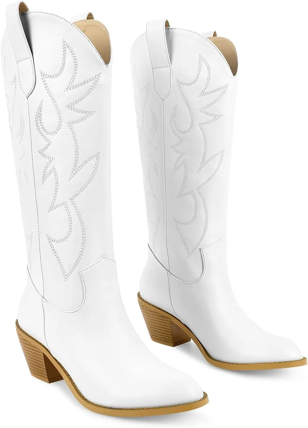 ISNOM Cowboy Boots for Women Cowgirl Boots with Classic Embroidered Pointed Toe Chunky Heel Retro Western Mid Calf Boots Pull On