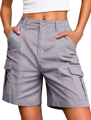 IWD Bermuda Cargo Denim Shorts for Women Knee Length 6 Pockets Elastic Waist Long Jorts for Summer Casual