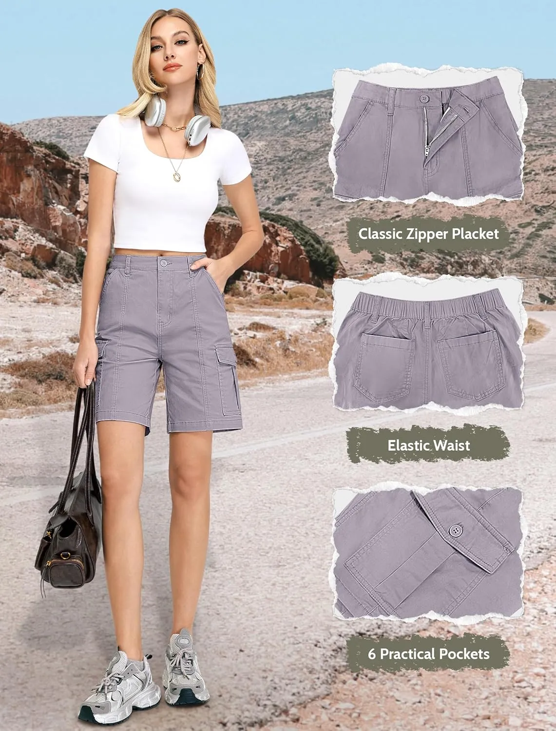 IWD Bermuda Cargo Denim Shorts for Women Knee Length 6 Pockets Elastic Waist Long Jorts for Summer Casual