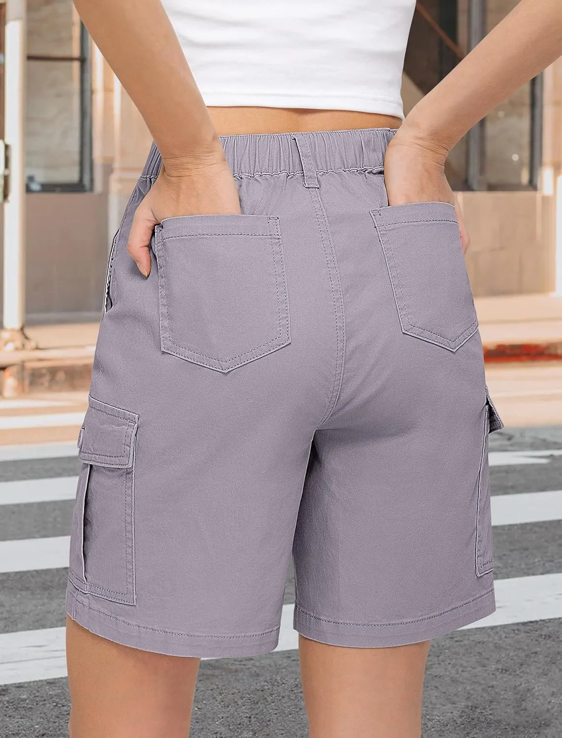 IWD Bermuda Cargo Denim Shorts for Women Knee Length 6 Pockets Elastic Waist Long Jorts for Summer Casual