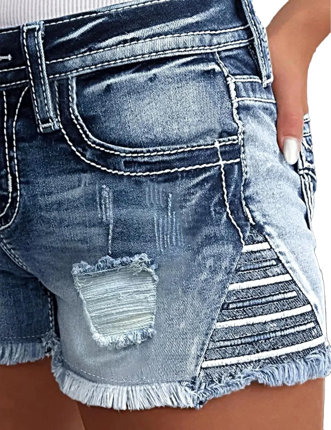 Jean Shorts for Women Denim Shorts Mid Rise Raw Hem Skinny Stretchy Back Embroidery Pocket Shorts