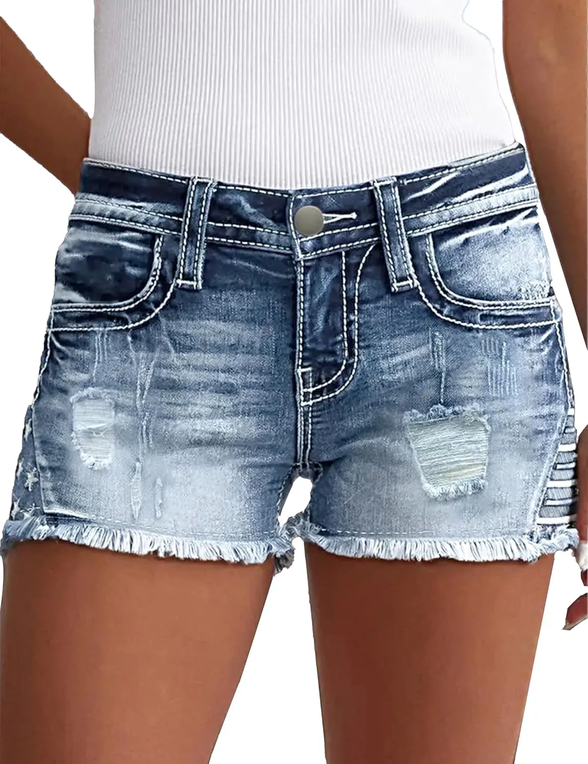 Jean Shorts for Women Denim Shorts Mid Rise Raw Hem Skinny Stretchy Back Embroidery Pocket Shorts