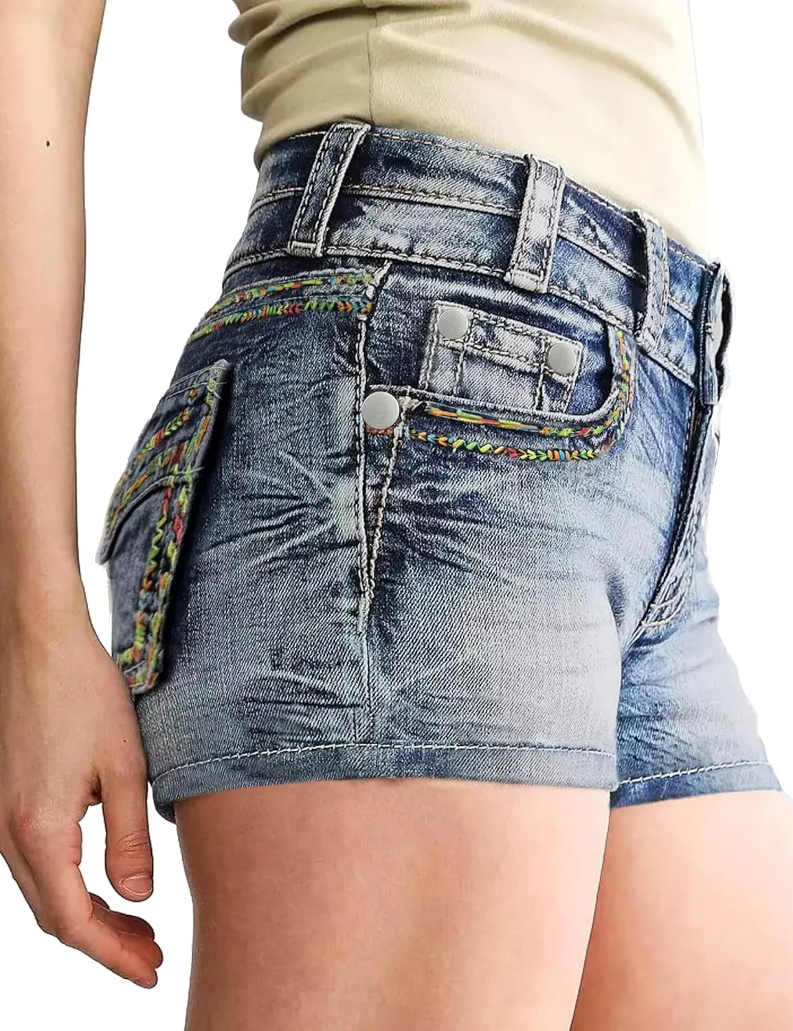 Jean Shorts for Women Denim Shorts Mid Rise Raw Hem Skinny Stretchy Back Embroidery Pocket Shorts