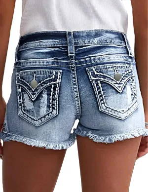 Jean Shorts for Women Denim Shorts Mid Rise Raw Hem Skinny Stretchy Back Embroidery Pocket Shorts