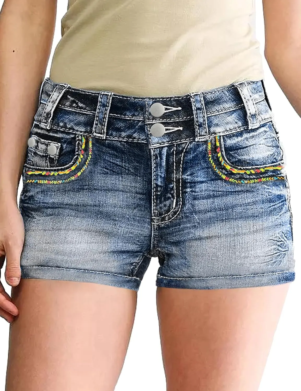 Jean Shorts for Women Denim Shorts Mid Rise Raw Hem Skinny Stretchy Back Embroidery Pocket Shorts
