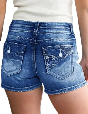 Jean Shorts for Women Denim Shorts Mid Rise Raw Hem Skinny Stretchy Back Embroidery Pocket Shorts