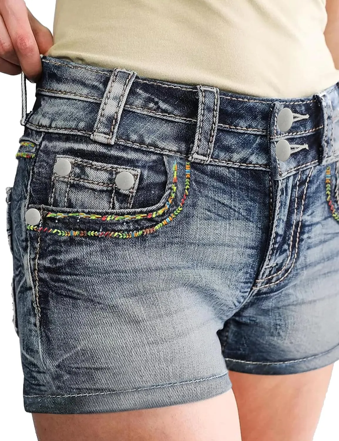Jean Shorts for Women Denim Shorts Mid Rise Raw Hem Skinny Stretchy Back Embroidery Pocket Shorts
