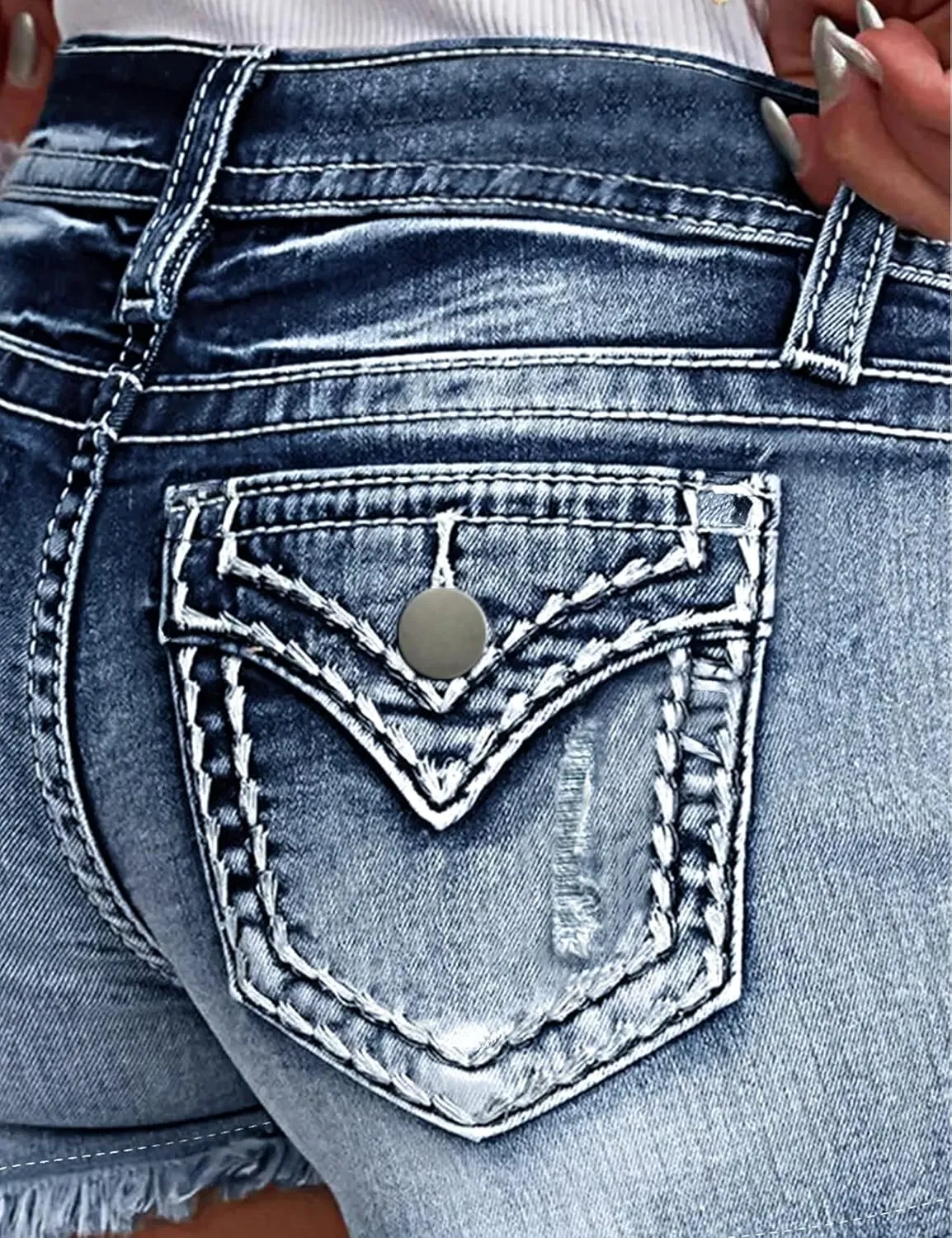 Jean Shorts for Women Denim Shorts Mid Rise Raw Hem Skinny Stretchy Back Embroidery Pocket Shorts