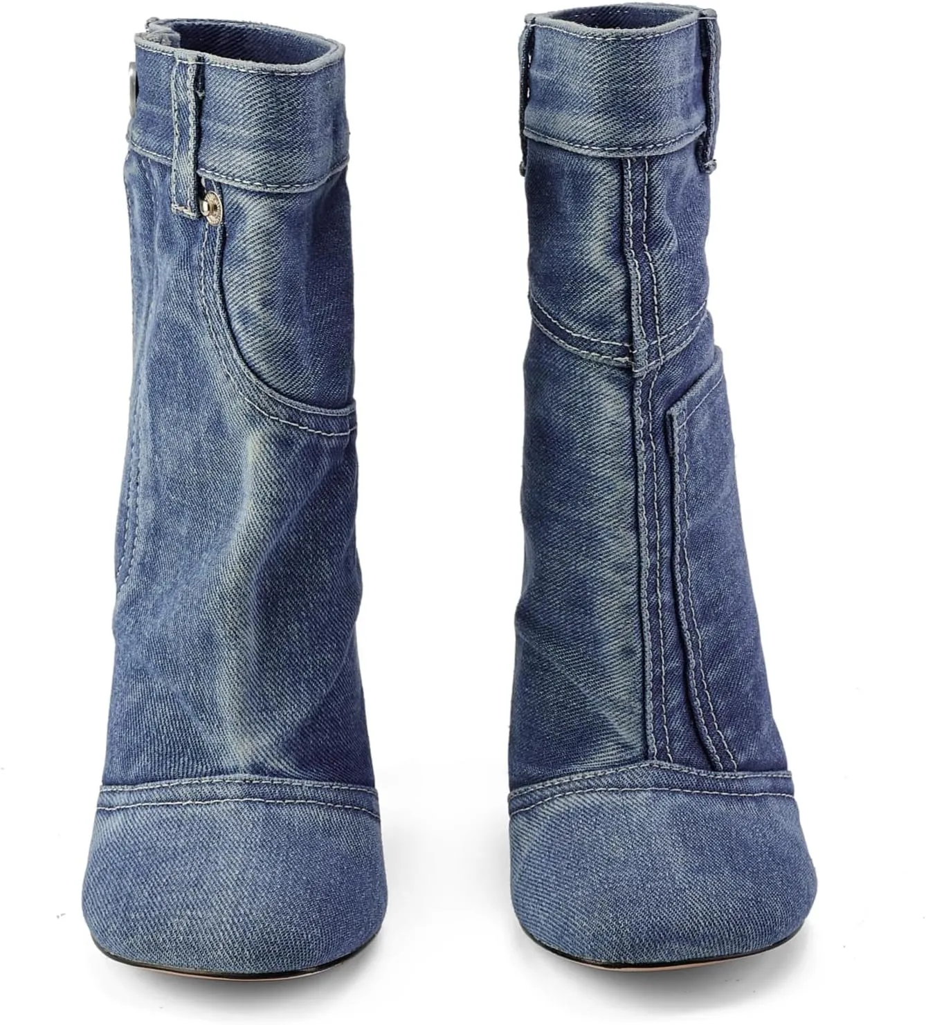 Jeans Boots for Women High Heels Square Toe Ankle Short Denim Booties Retro Cowboy Cowgirl with Zipper Fashion Casual Shoes