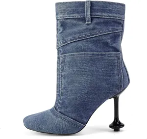 Jeans Boots for Women High Heels Square Toe Ankle Short Denim Booties Retro Cowboy Cowgirl with Zipper Fashion Casual Shoes