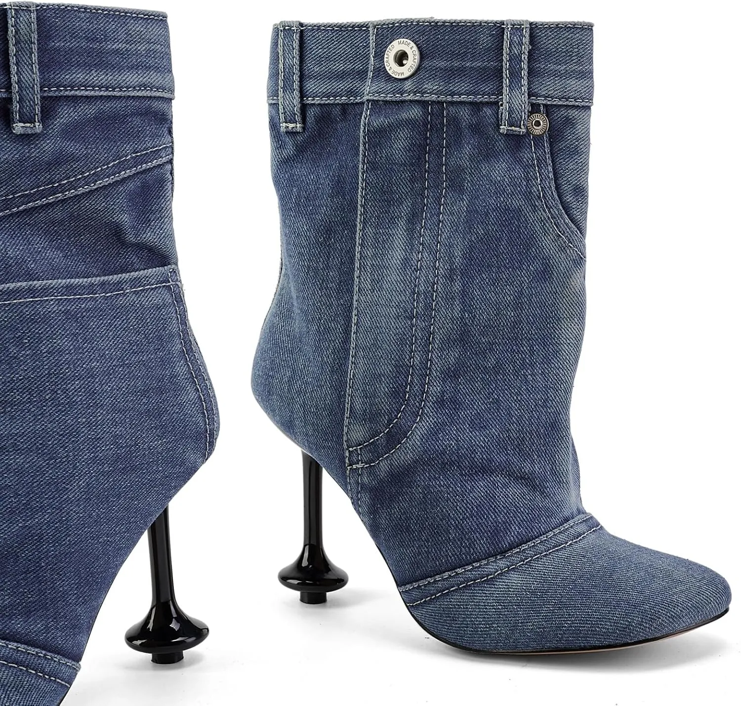 Jeans Boots for Women High Heels Square Toe Ankle Short Denim Booties Retro Cowboy Cowgirl with Zipper Fashion Casual Shoes