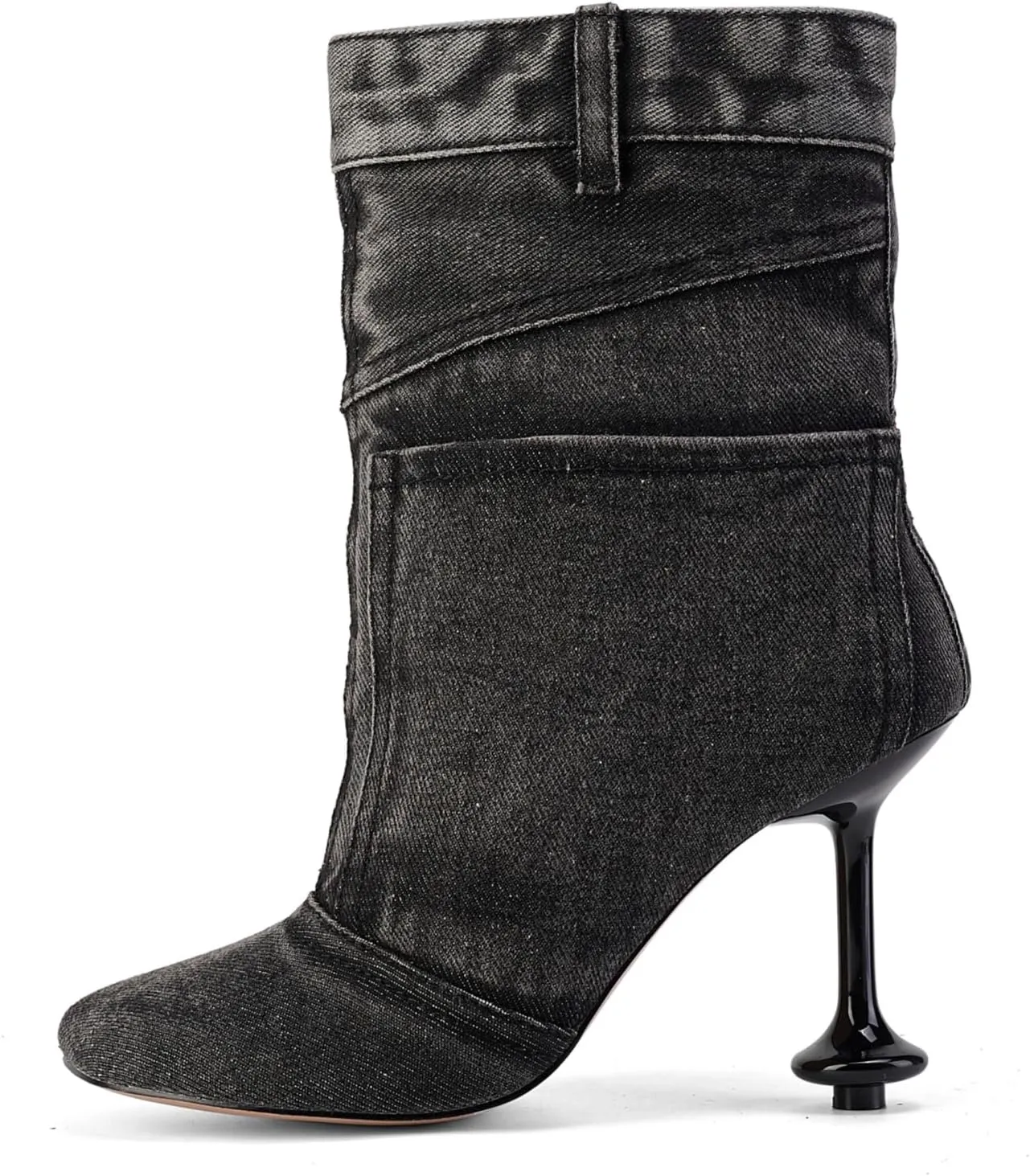 Jeans Boots for Women High Heels Square Toe Ankle Short Denim Booties Retro Cowboy Cowgirl with Zipper Fashion Casual Shoes