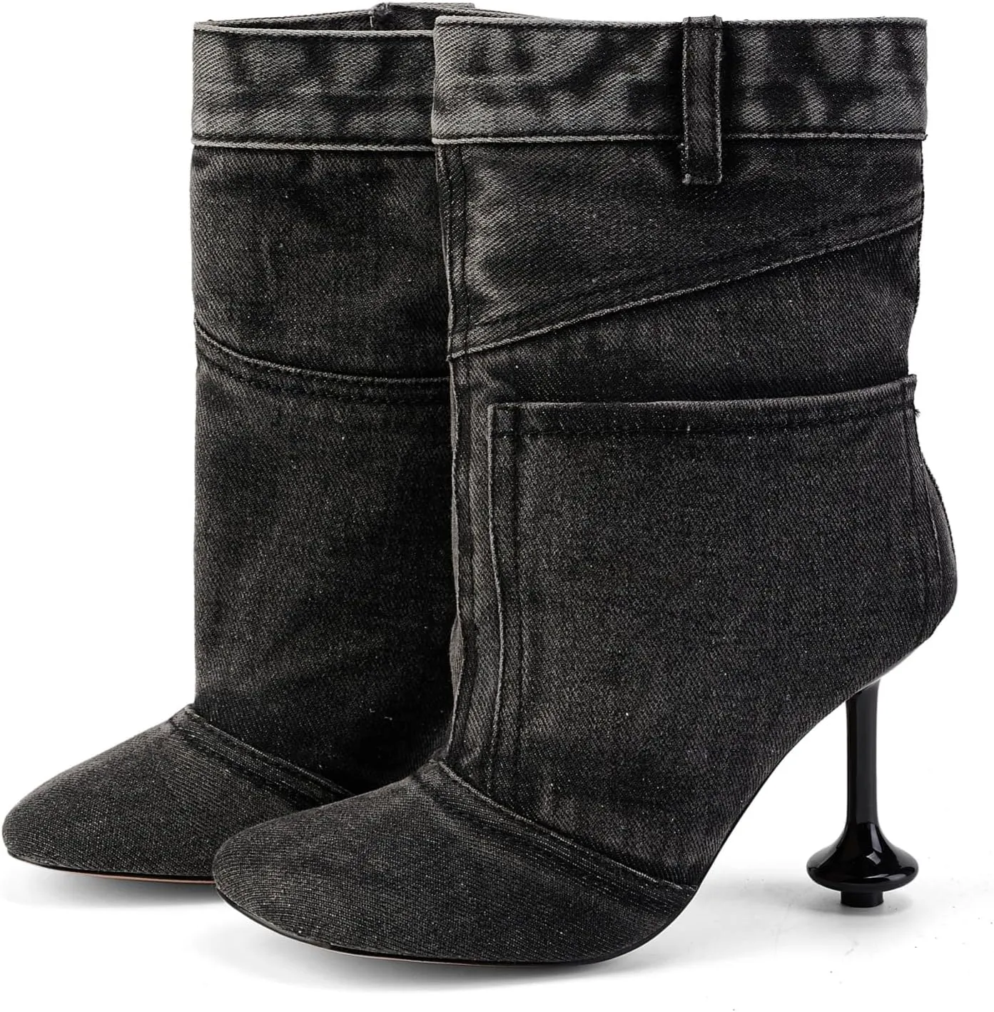 Jeans Boots for Women High Heels Square Toe Ankle Short Denim Booties Retro Cowboy Cowgirl with Zipper Fashion Casual Shoes