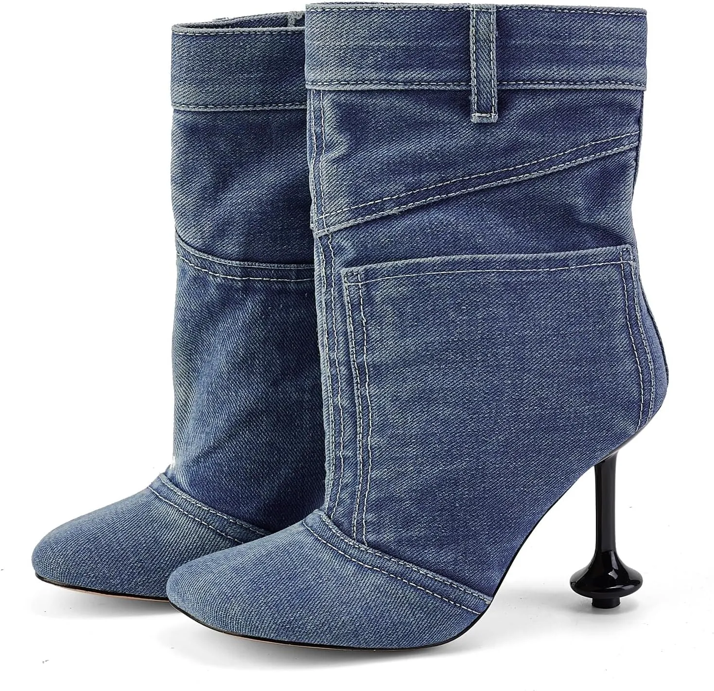 Jeans Boots for Women High Heels Square Toe Ankle Short Denim Booties Retro Cowboy Cowgirl with Zipper Fashion Casual Shoes