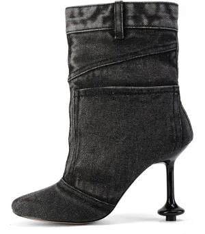 Jeans Boots for Women High Heels Square Toe Ankle Short Denim Booties Retro Cowboy Cowgirl with Zipper Fashion Casual Shoes
