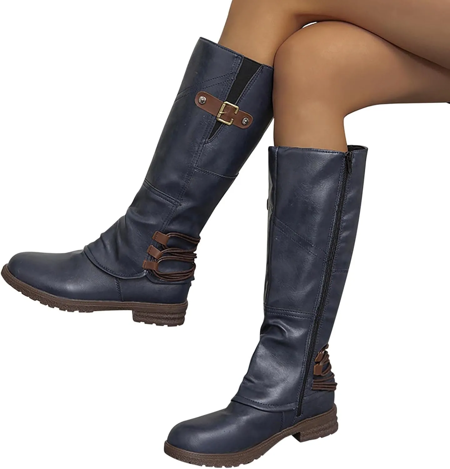 JEGULV Chunky Platform Boots for Women, Square Toe Shoes Lace up Zip High Heel Booties Combat Wedge Ankle Boots