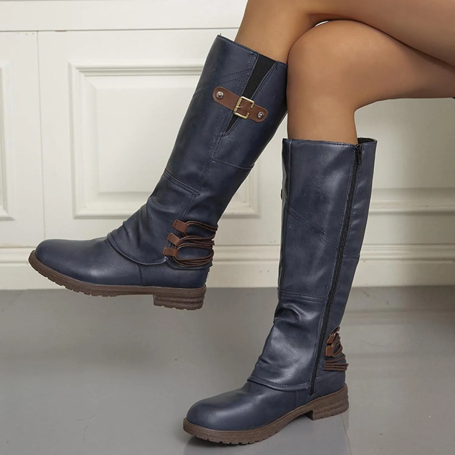 JEGULV Chunky Platform Boots for Women, Square Toe Shoes Lace up Zip High Heel Booties Combat Wedge Ankle Boots