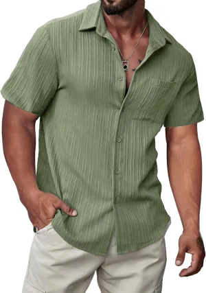JMIERR Hawaiian Shirt for Men Button Down Short Sleeve Shirts Textured Casual Summer Beach Linen Shirts