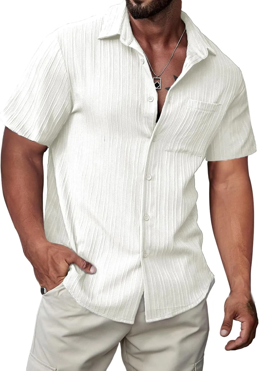 JMIERR Hawaiian Shirt for Men Button Down Short Sleeve Shirts Textured Casual Summer Beach Linen Shirts