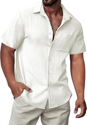 JMIERR Hawaiian Shirt for Men Button Down Short Sleeve Shirts Textured Casual Summer Beach Linen Shirts