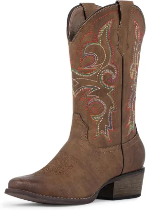 J's.o.l.e Women's Western Cowboy Boots Square Toe Embroidered Mid Calf Ladies Cowgirl Boot Brown