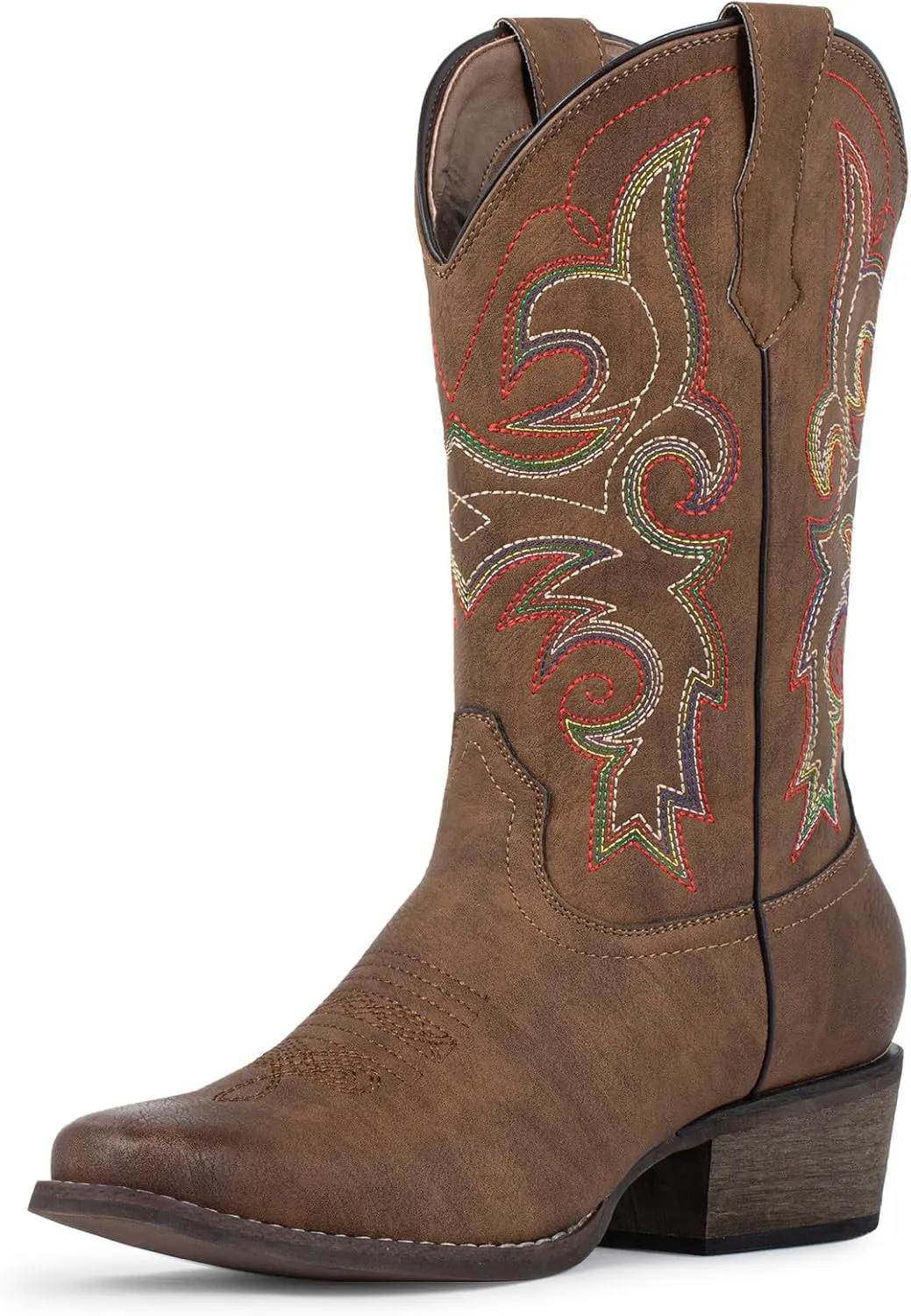 J's.o.l.e Women's Western Cowboy Boots Square Toe Embroidered Mid Calf Ladies Cowgirl Boot Brown